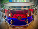 DrumPickers Custom Red & Blue Acrylic 13x7” Snare Drum with 30 Strand snare wires.